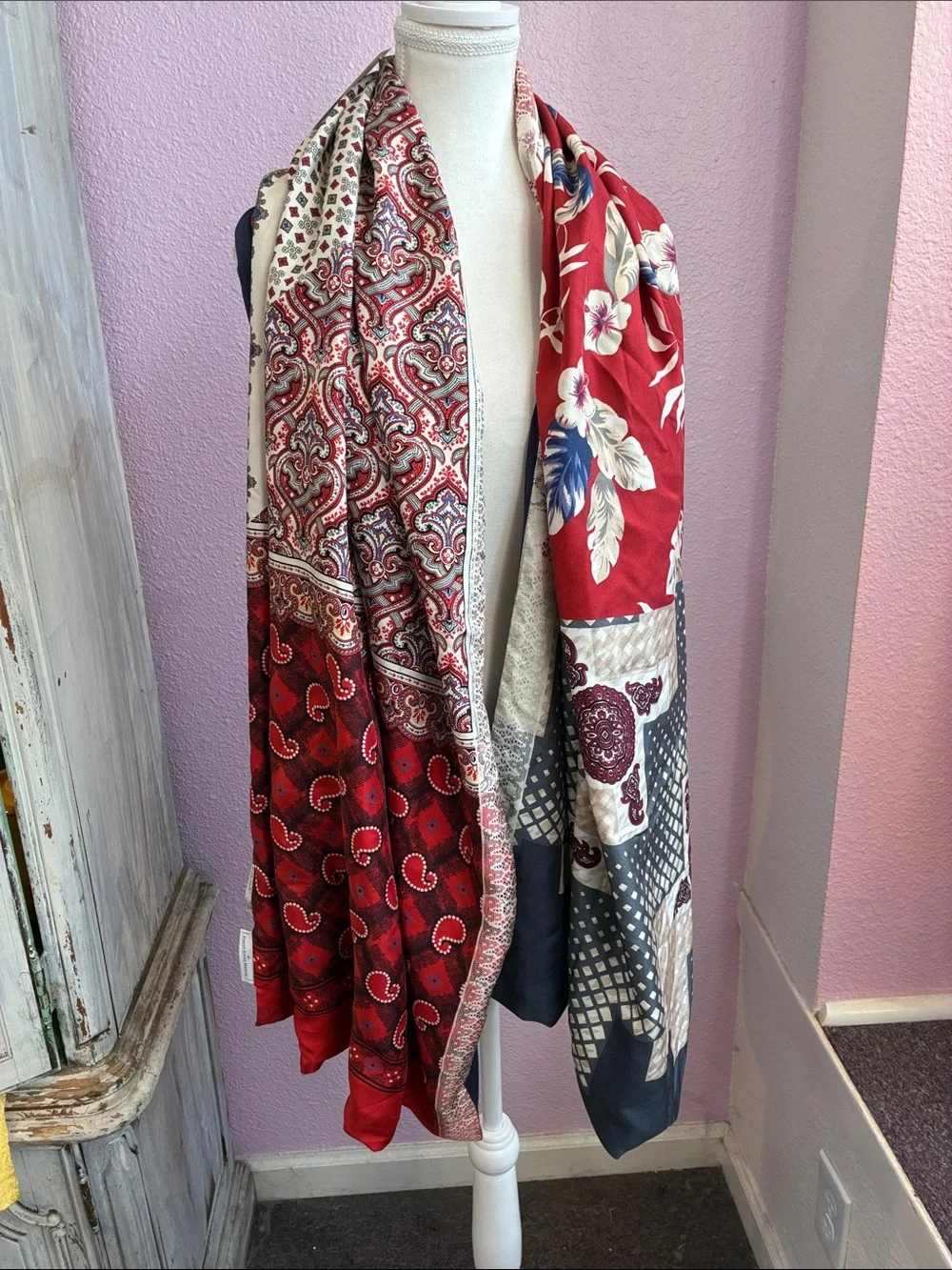 Pierre Louis Mascia Kantha Quilt Patchwork Red Floral Paisley Lightweight Scarf